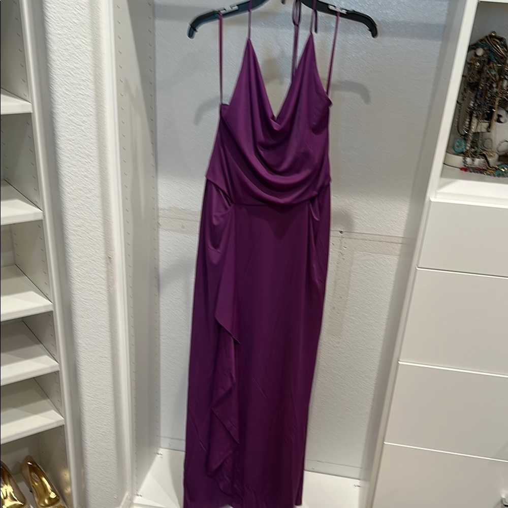 BCBGMaxAzria Purple Ruched Cowl Neck Gown